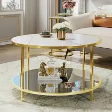 Round Marble Coffee Table – Gold Frame (Large Center Table)