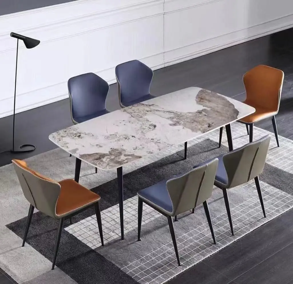 4‑Seater White Marble Dining Table – Hairpin Pin‑Leg Base (Black)